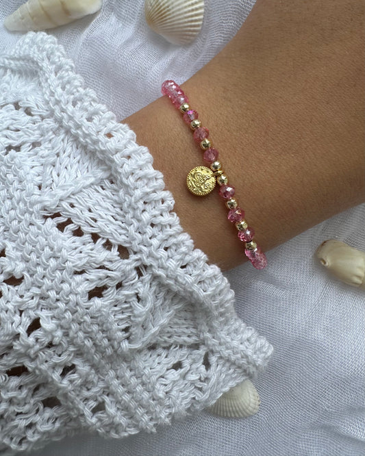 Perlenarmband mit Rosa Kristallperlen und Goldenen Taler Anhänger - 10323