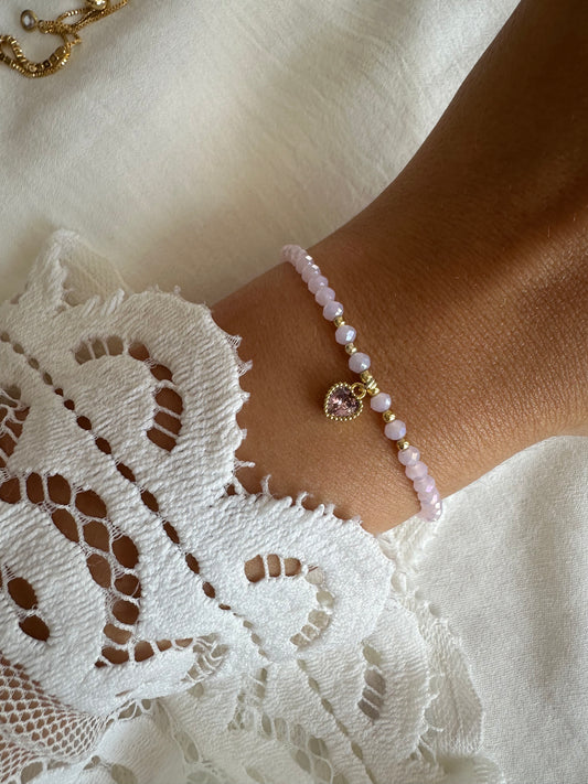 Perlenarmband mit Rosa Kristallperlen und Herz Anhänger - 10327