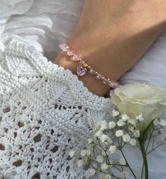 Perlenarmband mit Rosa Kristallperlen und Zirkonia Herz Anhänger - 10543