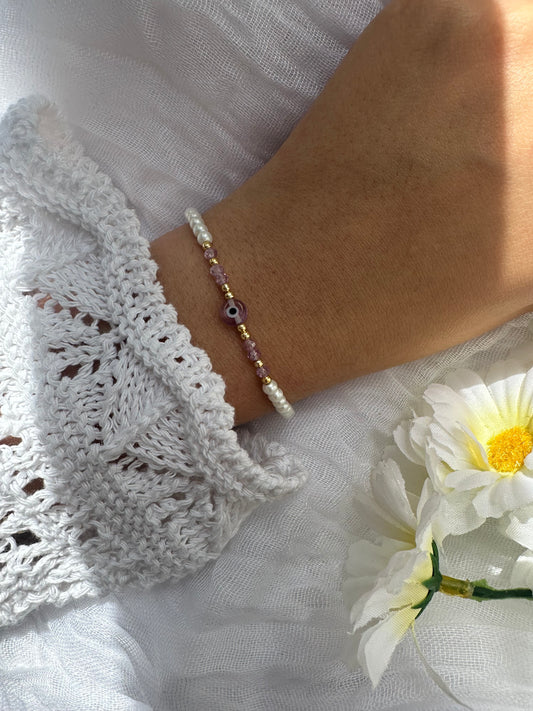 Perlenarmband mit Weißen und Lila Perlen und Nazar - 10371