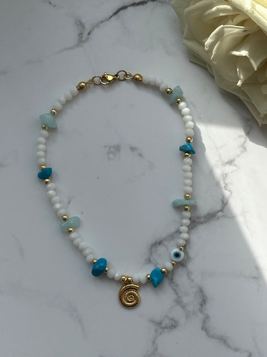 Fußkette mit Weißen Kristallperlen Perlen, Edelsteinen + Muschel und Nazar Anhänger - 10918