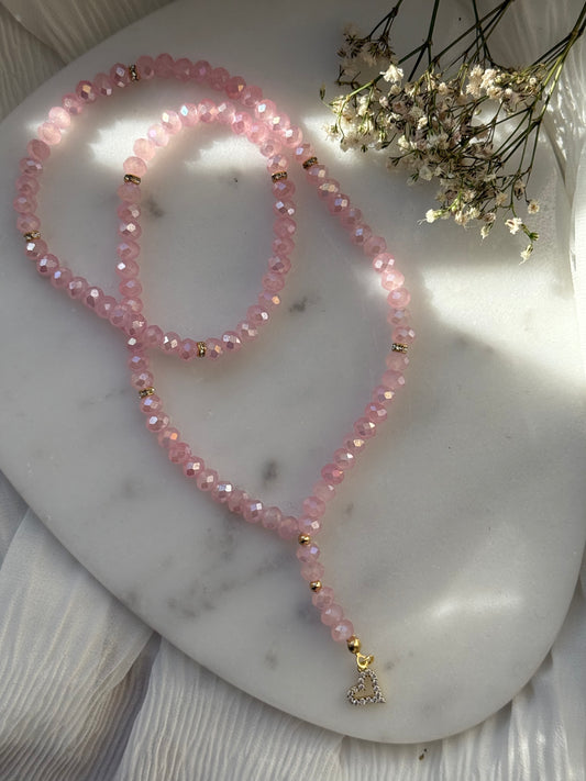 Tesbih mit Rosa Kristallperlen, Goldenen Details + Herz Anhänger - 11016