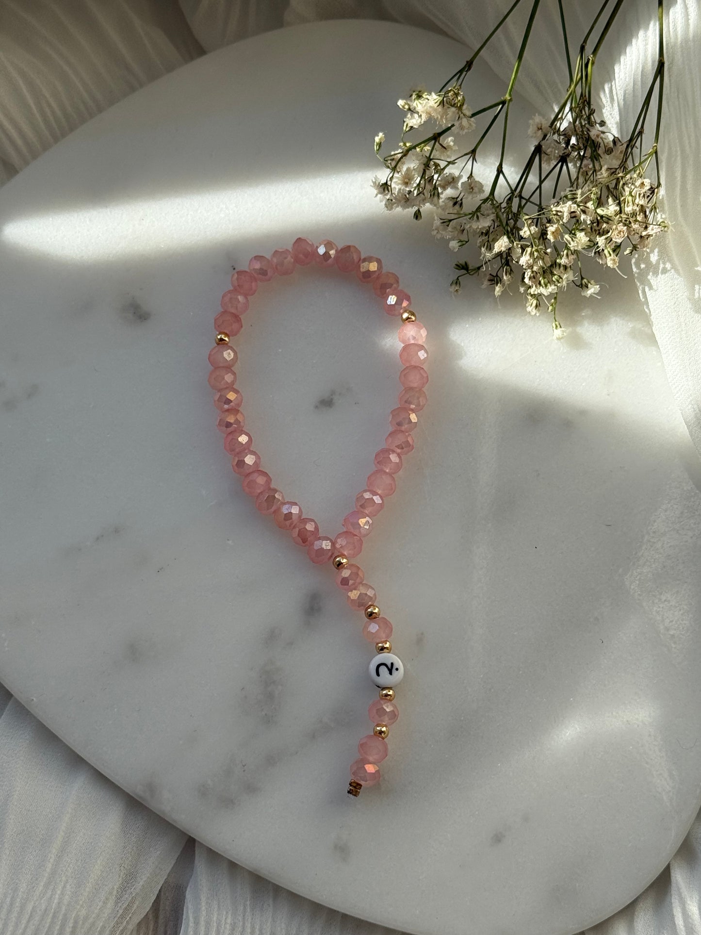 Tesbih personalisiert mit Rosa Kristallperlen, Goldenen Details - 11014