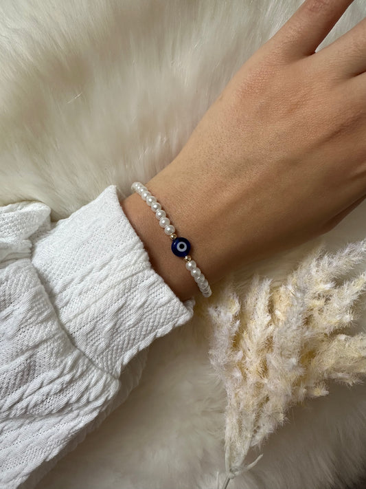 Perlenarmband weiß mit dunkelblauen Nazar - 10301