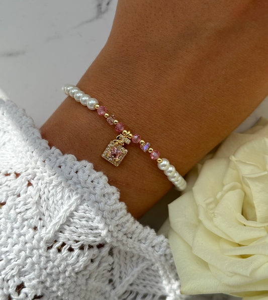Perlenarmband mit Weißen Glasperlen, Rosa Kristallperlen und Goldenen Perlen + Zirkonia Flaschen Anhänger - 10881