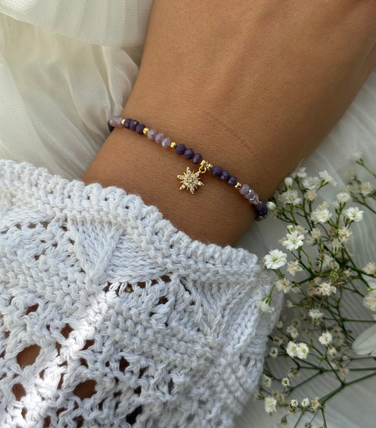 Perlenarmband mit Lila Kristallperlen, Goldenen Perlen + Stern Anhänger - 10976