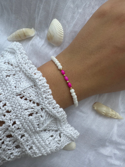 Perlenarmband mit Weißen Kristallperlen und Pinken Zwischenperlen - 10260