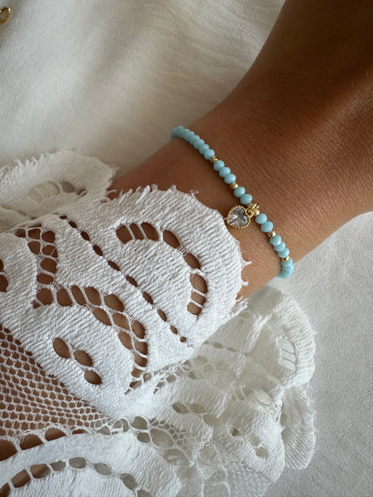 Perlenarmband mit Hellblauen Kristallperlen und Herz Anhänger - 10265