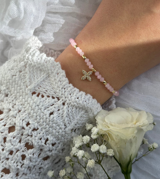 Perlenarmband mit Rosa Kristallperlen und Zirkonia Kleeblatt Anhänger - 10564