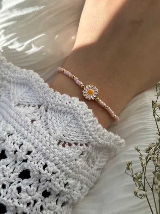 Perlenarmband mit Rosa Perlen, Goldenen Perlen + Blumen Anhänger - 2119