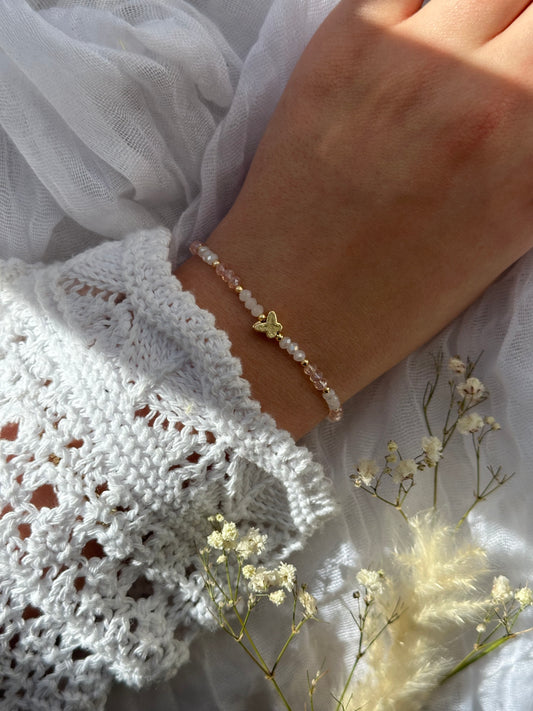 Perlenarmband mit Rosa und Weißen Kristallperlen + Schmetterling - 10683