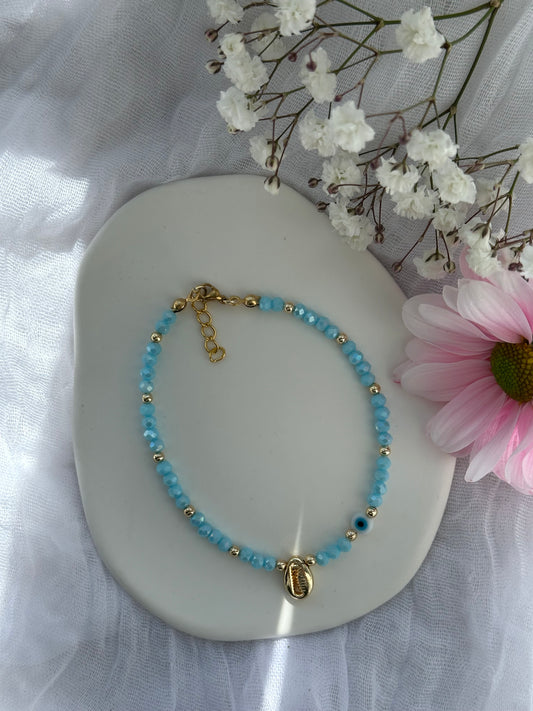 Fußkette mit Hellblauen Kristallperlen + Muschel Anhänger und Nazar Perle - 10691