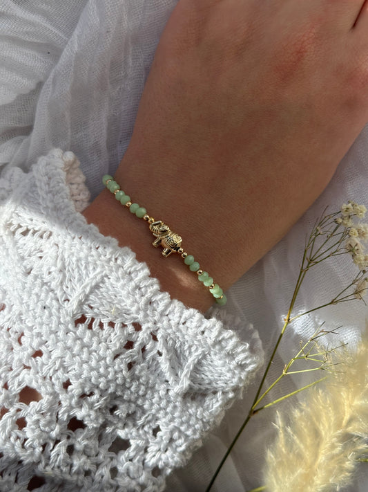 Perlenarmband mit Grünen Kristallperlen + Elefanten Anhänger - 10677