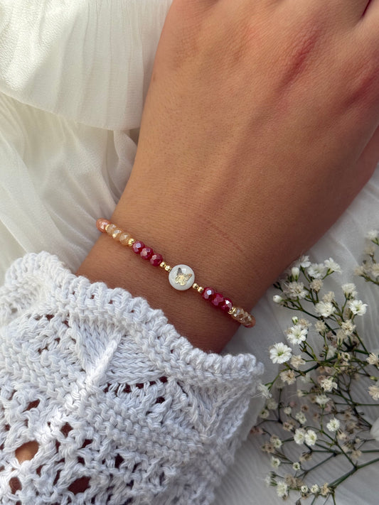 Perlenarmband Autumn mit Roten, Goldenen Kristallperlen, Goldenen Perlen + Perlmutt Schmetterling - 10968