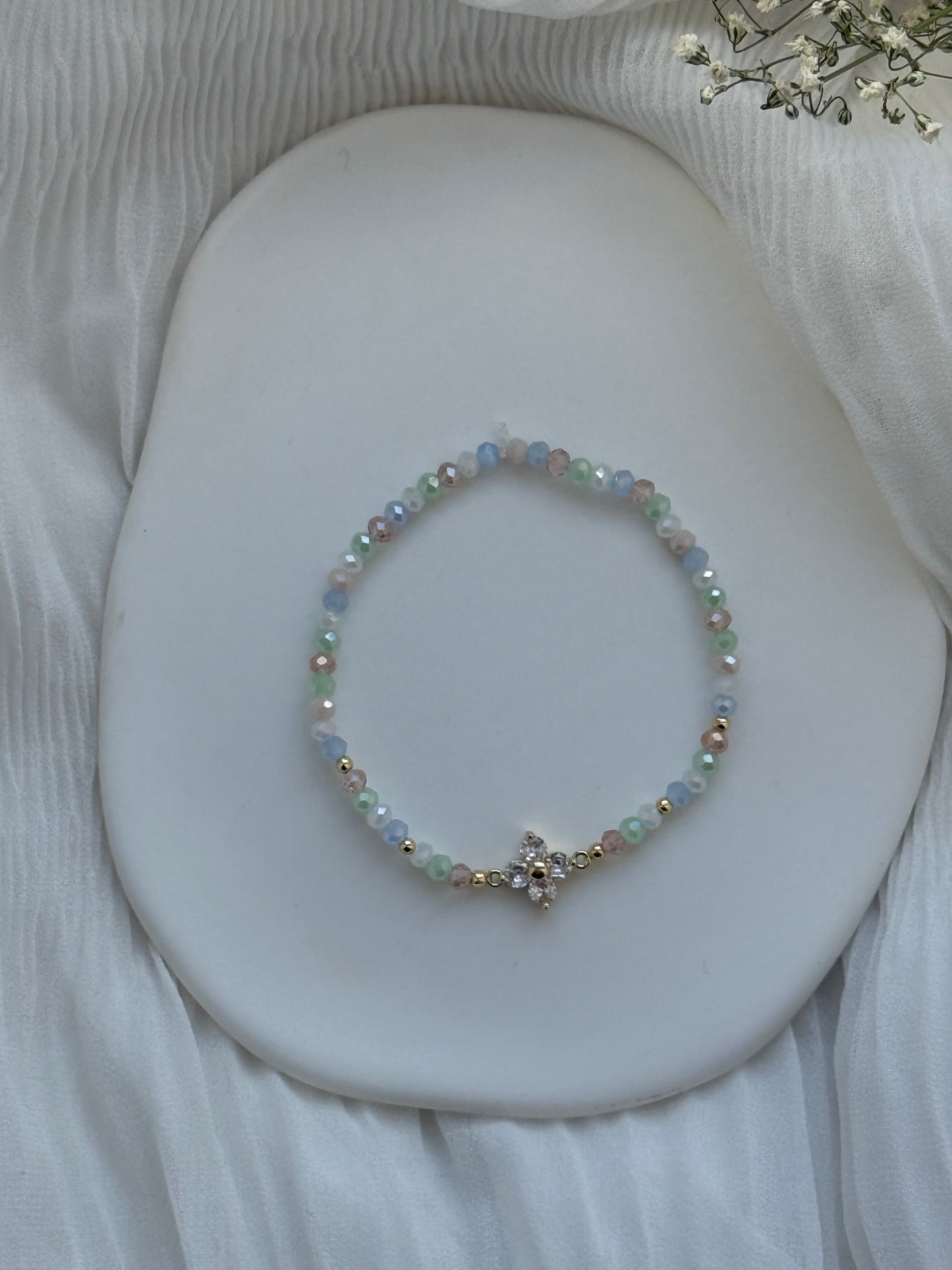 Perlenarmband Rainbow + Zirkonia Kleeblatt Anhänger - 2102