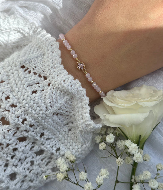Perlenarmband mit Rosa Kristallperlen und Zirkonia mini Kleeblatt Anhänger - 10547