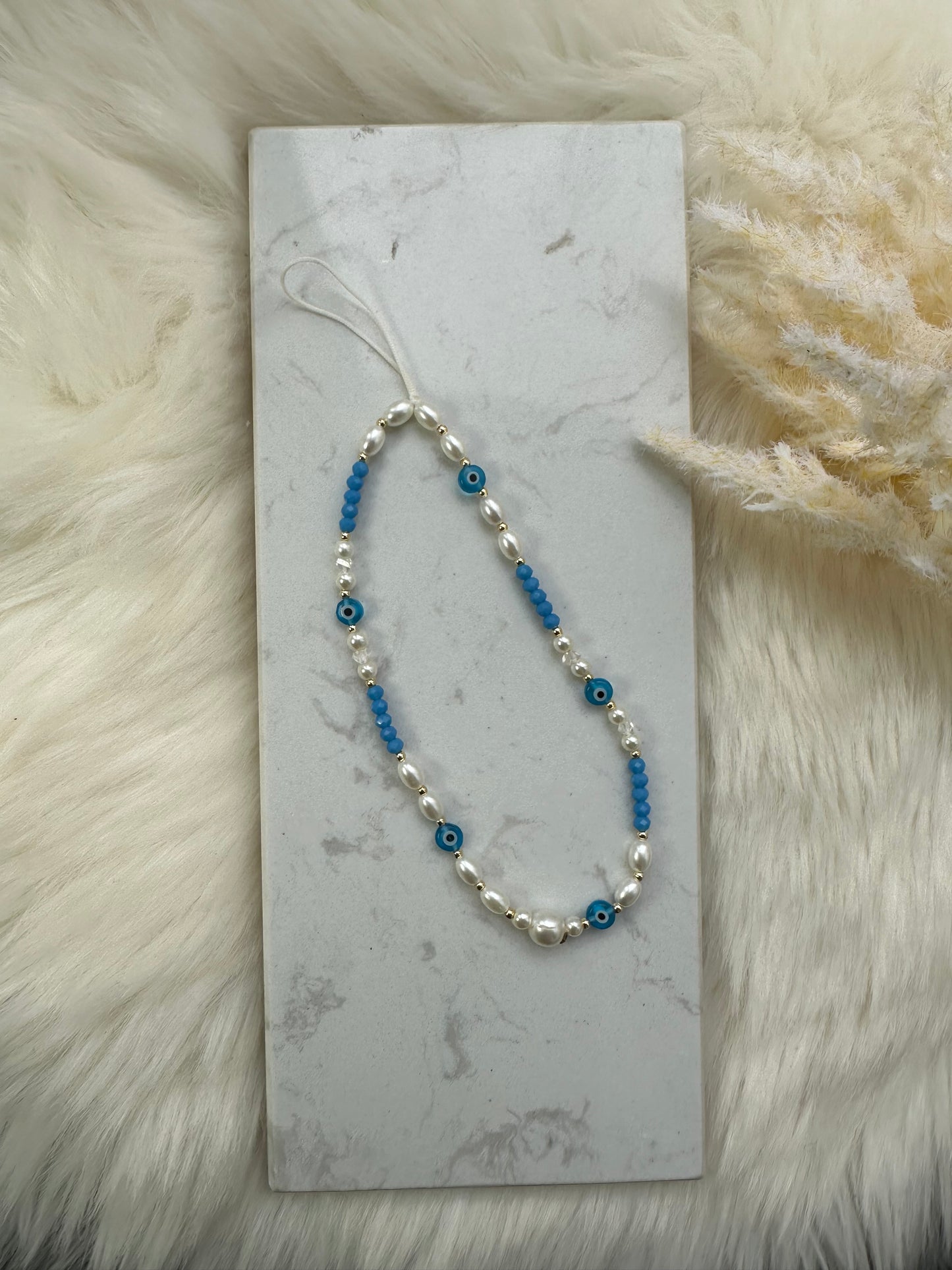 Handykette mit Hellblauen Kristallperlen und Nazar - 10072