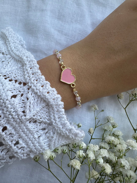 Perlenarmband mit Rosa Kristallperlen und Herz Anhänger - 10369