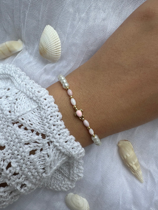 Perlenarmband mit Weißen und Rosa Perlen und Schildkröten Anhänger - 10320