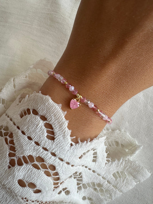 Perlenarmband mit Rosa Kristallperlen und Herz Anhänger - 10381
