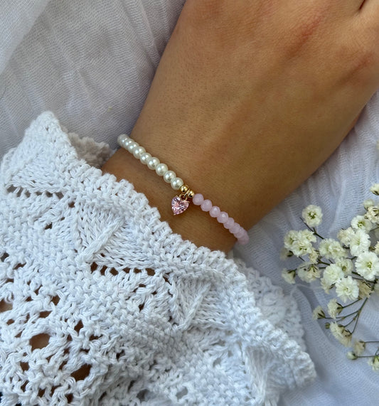 Half & Half Perlenarmband mit Rosa Kristallperlen und Weißen Glasperlen + Herz Anhänger - 10501