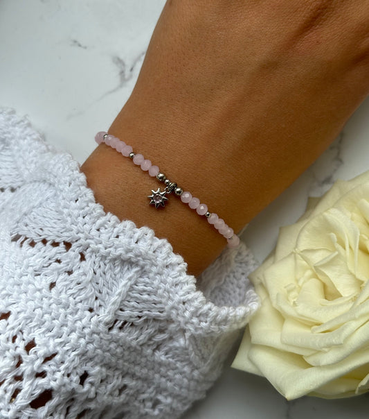 Perlenarmband mit Rosa Kristallperlen und Silbernen Perlen + Sonnen Anhänger - 10895