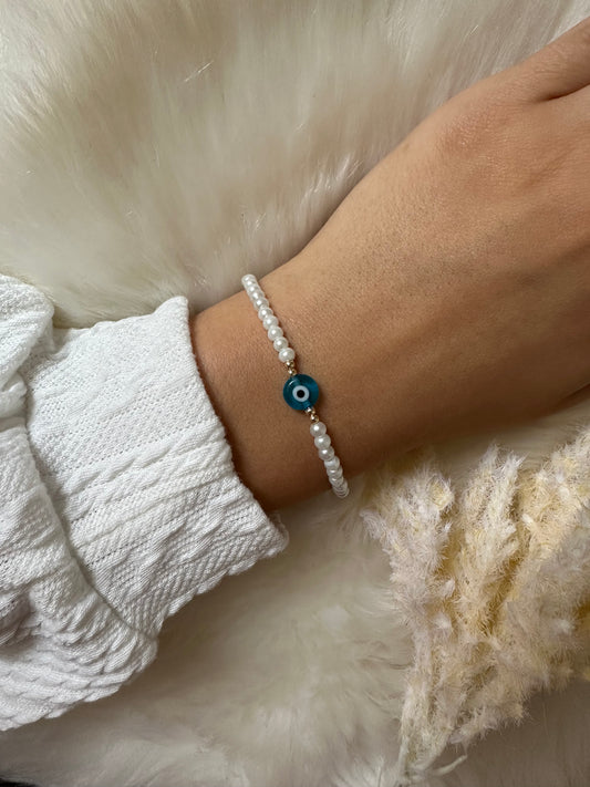 Perlenarmband weiß mit Hellblauen Nazar - 10347