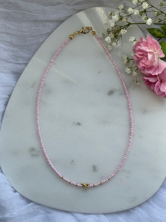 Perlenkette mit Rosa Perlen + Libellen Anhänger - 10608