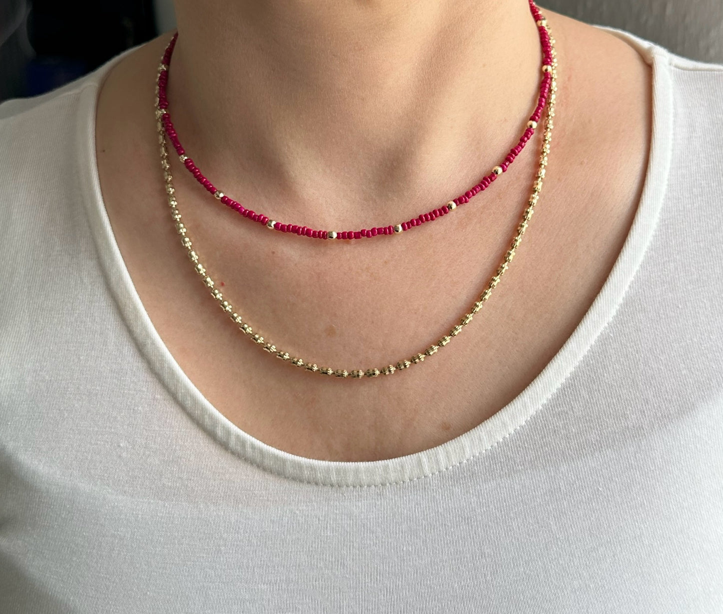 Perlenkette mit Pinken und Goldenen Perlen - 10124
