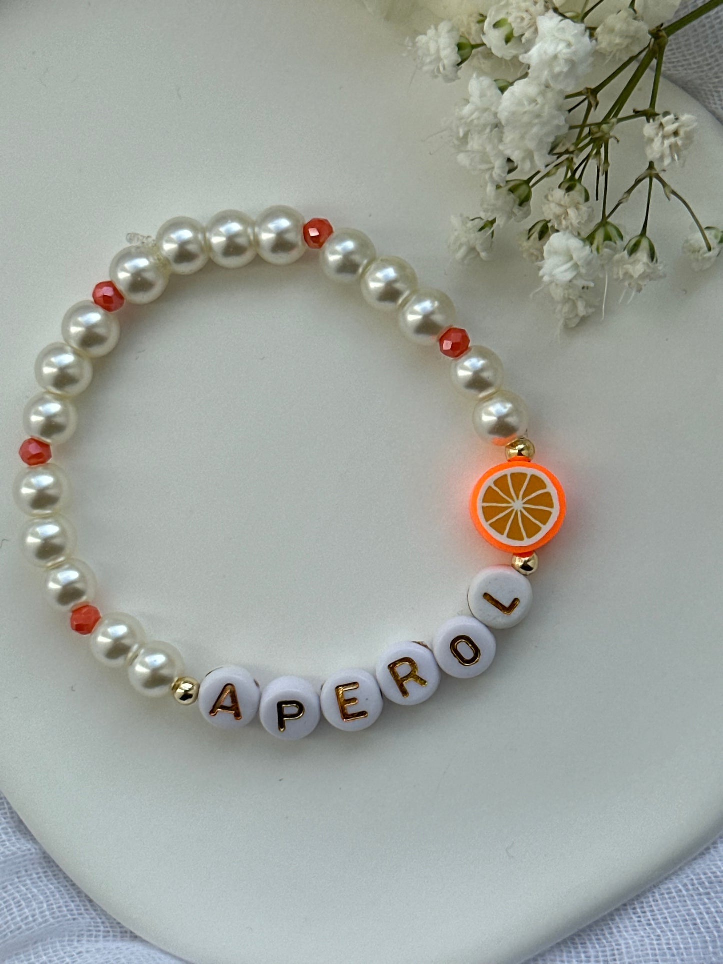 Perlenarmband Aperol - mit Beigen Perlen und Orangen Kristallperlen - 10583
