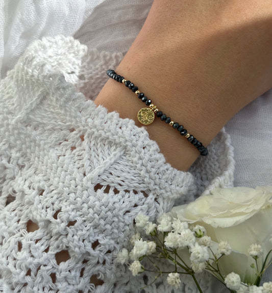 Perlenarmband mit Blauen Kristallperlen und goldenen Taler Anhänger - 10577