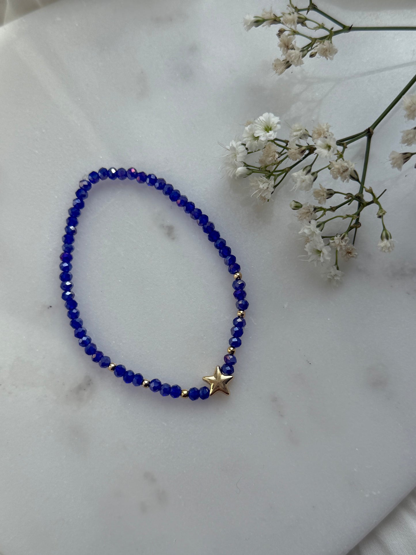 Perlenarmband mit blauen Perlen, Goldenen Perlen + Stern Anhänger 10960