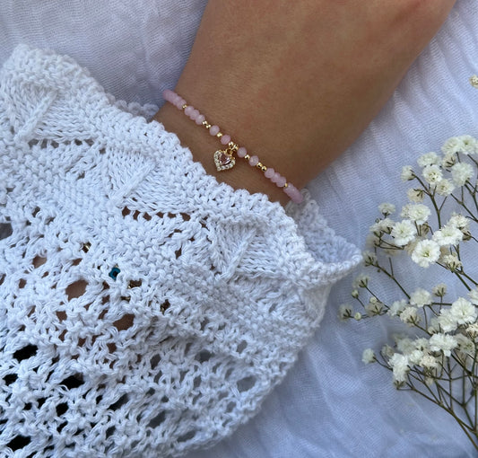 Perlenarmband mit Rosa Kristallperlen und Herz Anhänger - 10495