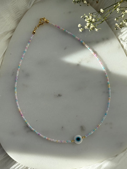 Perlenkette mit Pastell Perlen + Evil Eye Anhänger - 2162