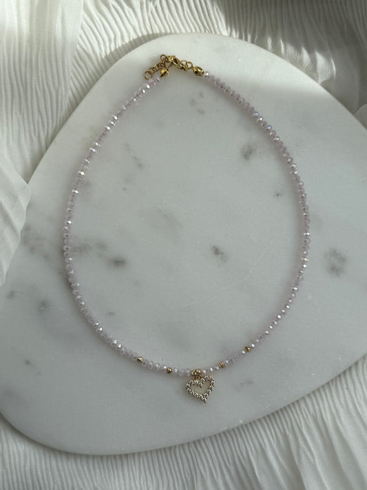 Perlenkette mit Rosa Kristallperlen, Goldenen Details + Herz Anhänger - 111168