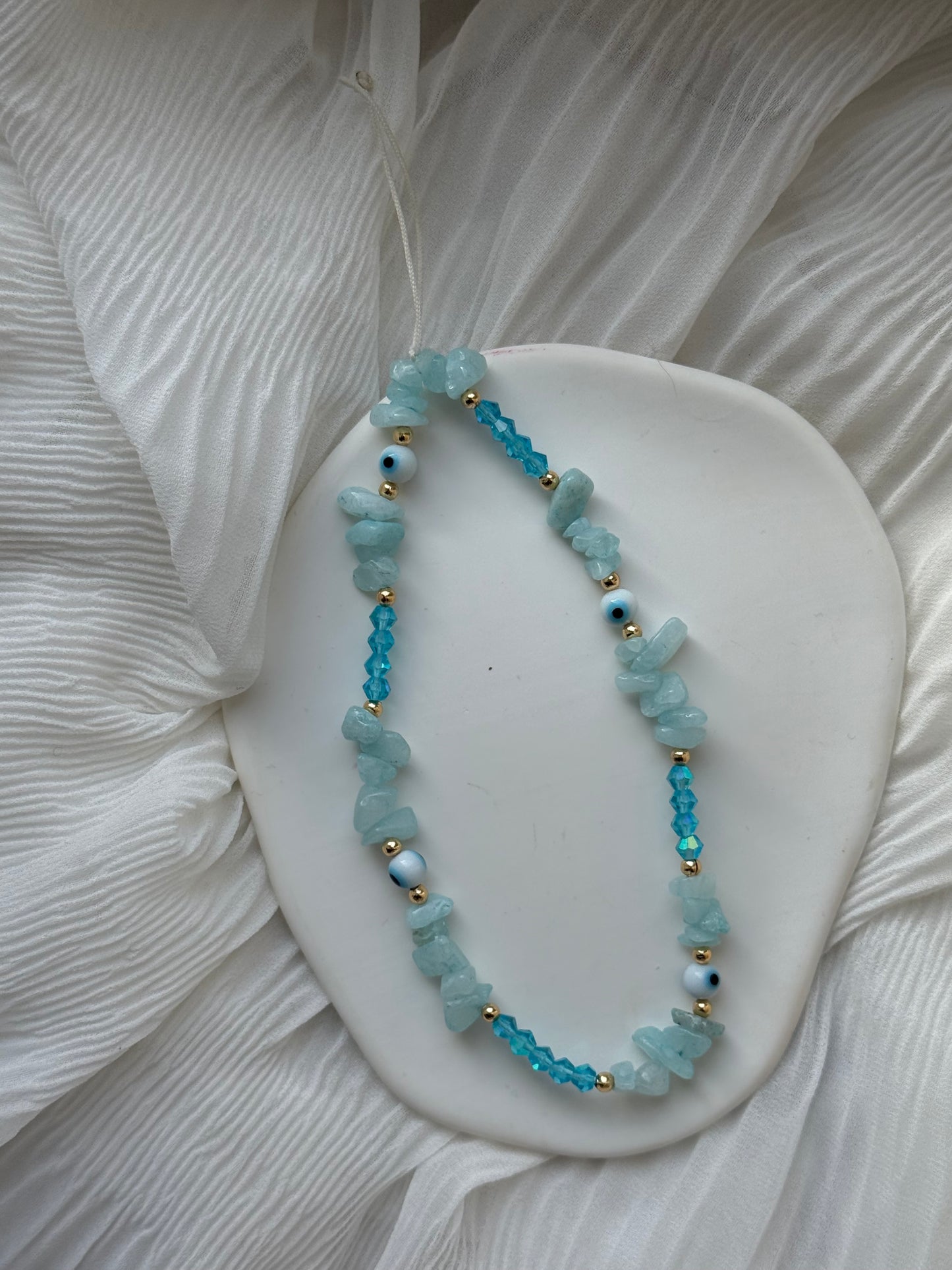 Handykette mit Blauen Perlen und Edelsteinen + Nazar Nazar Anhänger - 111227