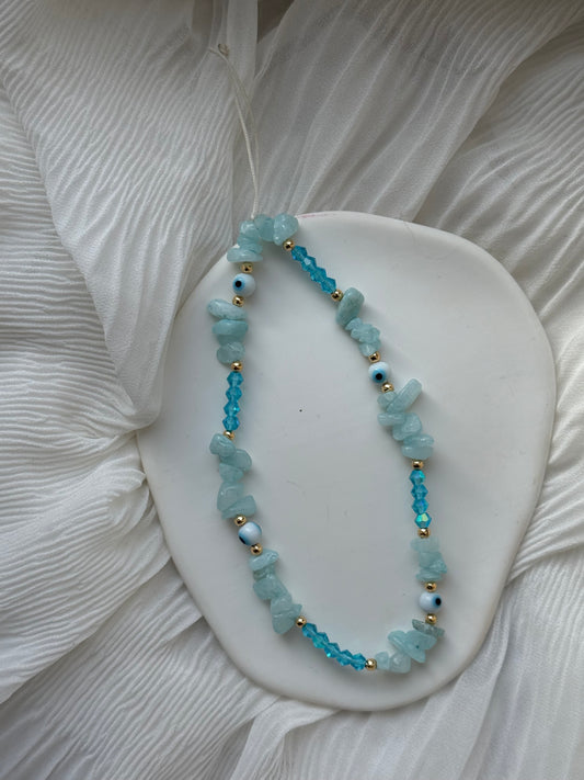 Handykette mit Blauen Perlen und Edelsteinen + Nazar Nazar Anhänger - 111227