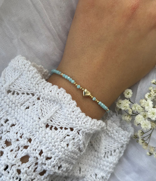 Perlenarmband mit Blauen Kristallperlen und Herz Anhänger - 10515