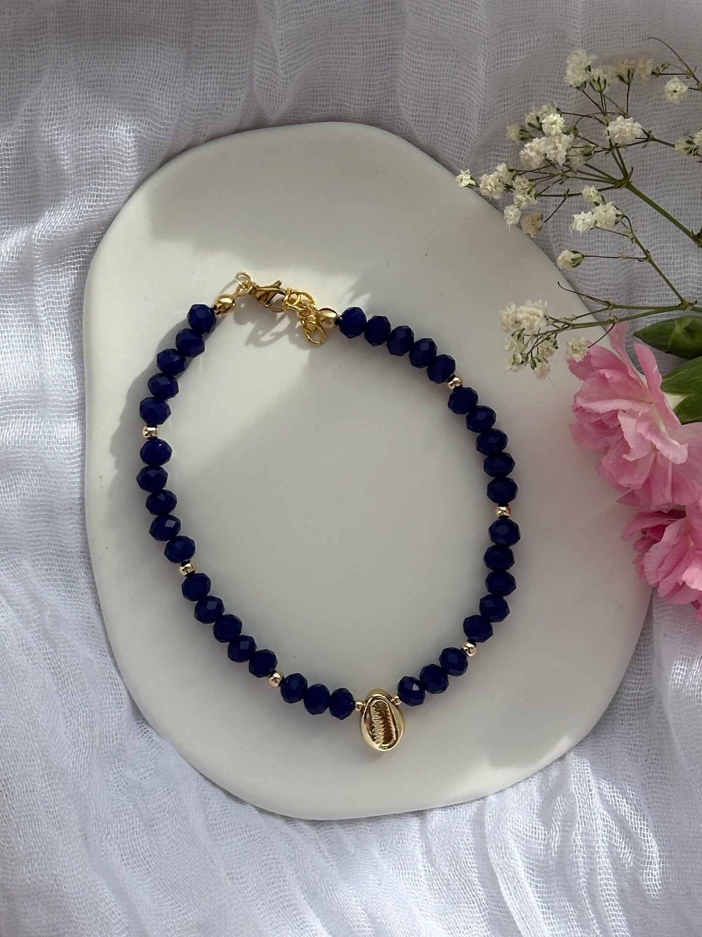 Fußkette mit Dunkelblauen Kristallperlen + Muschel Anhänger - 10602