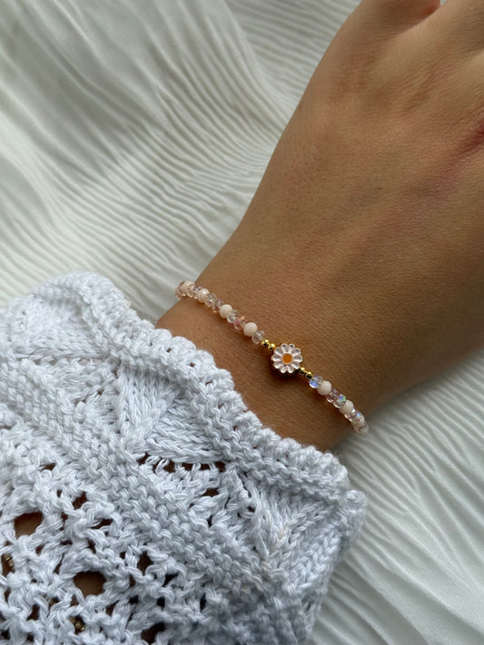 Perlenarmband mit Beigen und Rose Kristallperlen, Goldenen Perlen + Blumen Anhänger - 111175