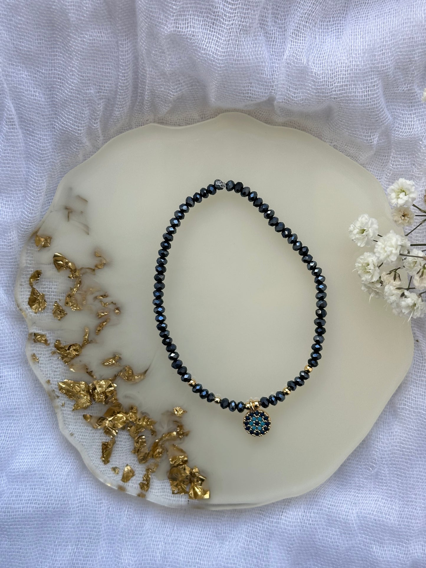 Perlenarmband mit Blauen Kristallperlen und Evil eye / Nazar Anhänger - 10527