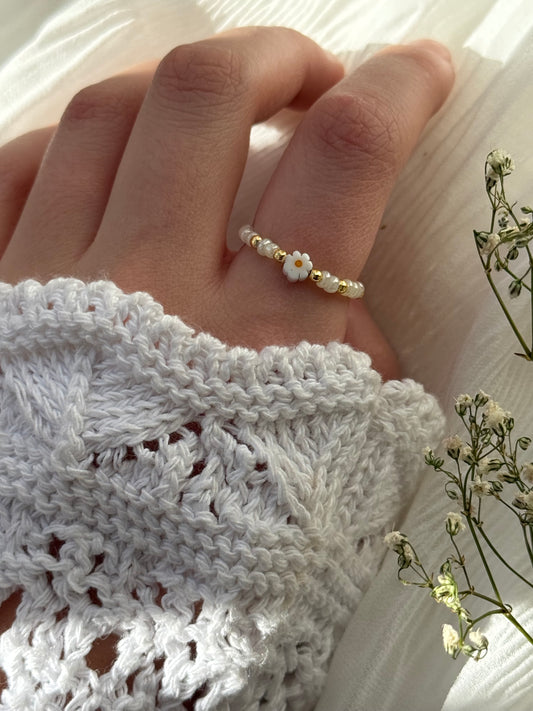 Perlenring mit Gelben und Goldenen Perlen + Papatya Anhänger - 2147