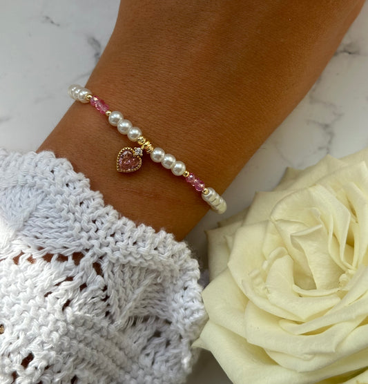 Perlenarmband mit Weißen Glasperlen, Rosa Kristallperlen und Goldenen Perlen + Herz Anhänger - 10885