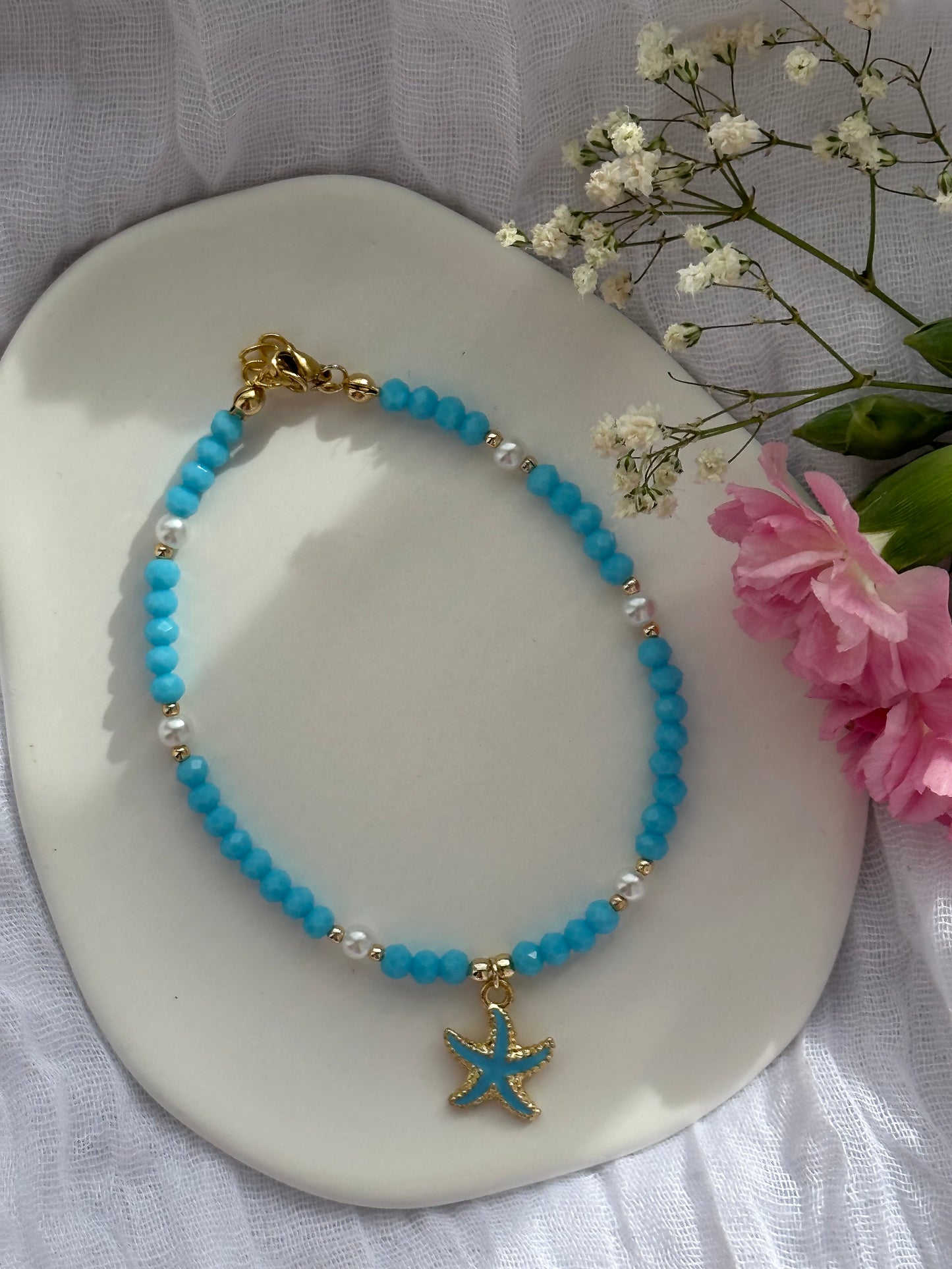 Fußkette mit Blauen Kristallperlen und Weißen Perlen + Seestern Anhänger - 10600