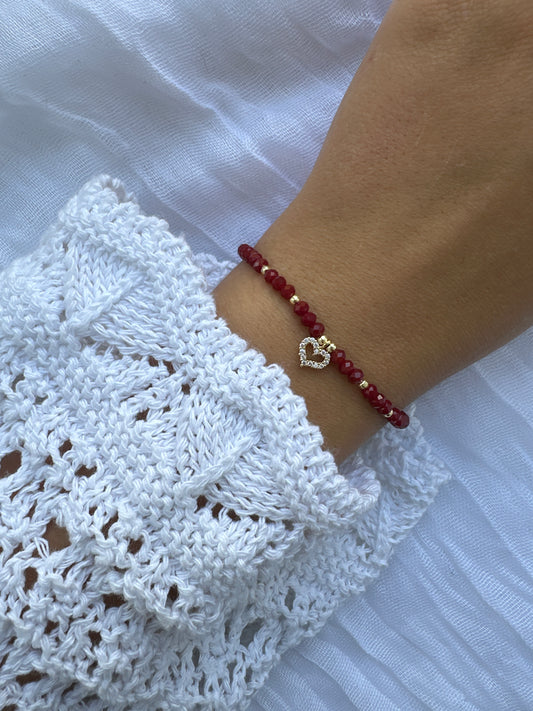 Perlenarmband mit Roten Kristallperlen und Herz Anhänger - 10274