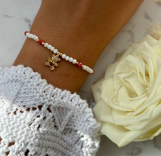 Perlenarmband mit Weißen, Kristallperlen und Goldenen Perlen + Teddy Anhänger - 10884