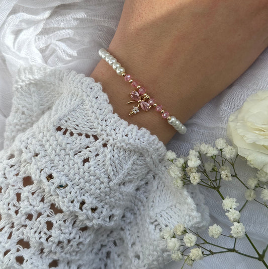 Perlenarmband mit Weißen Perlen und Rosa Kristallperlen + Schleifen Anhänger - 10548