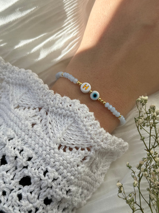 Perlenarmband mit Blauen Kristallperlen, Goldenen Perlen + Nazar Anhänger - 2105