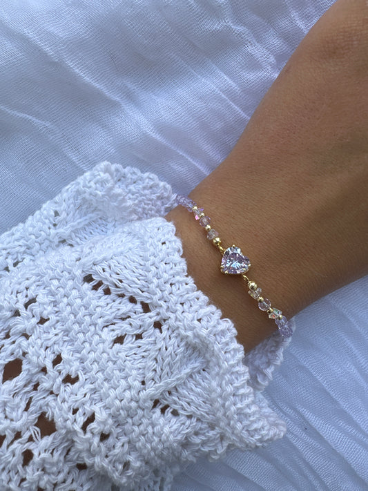 Perlenarmband mit Lila Kristallperlen und Zirkonia Herz Anhänger - 10276