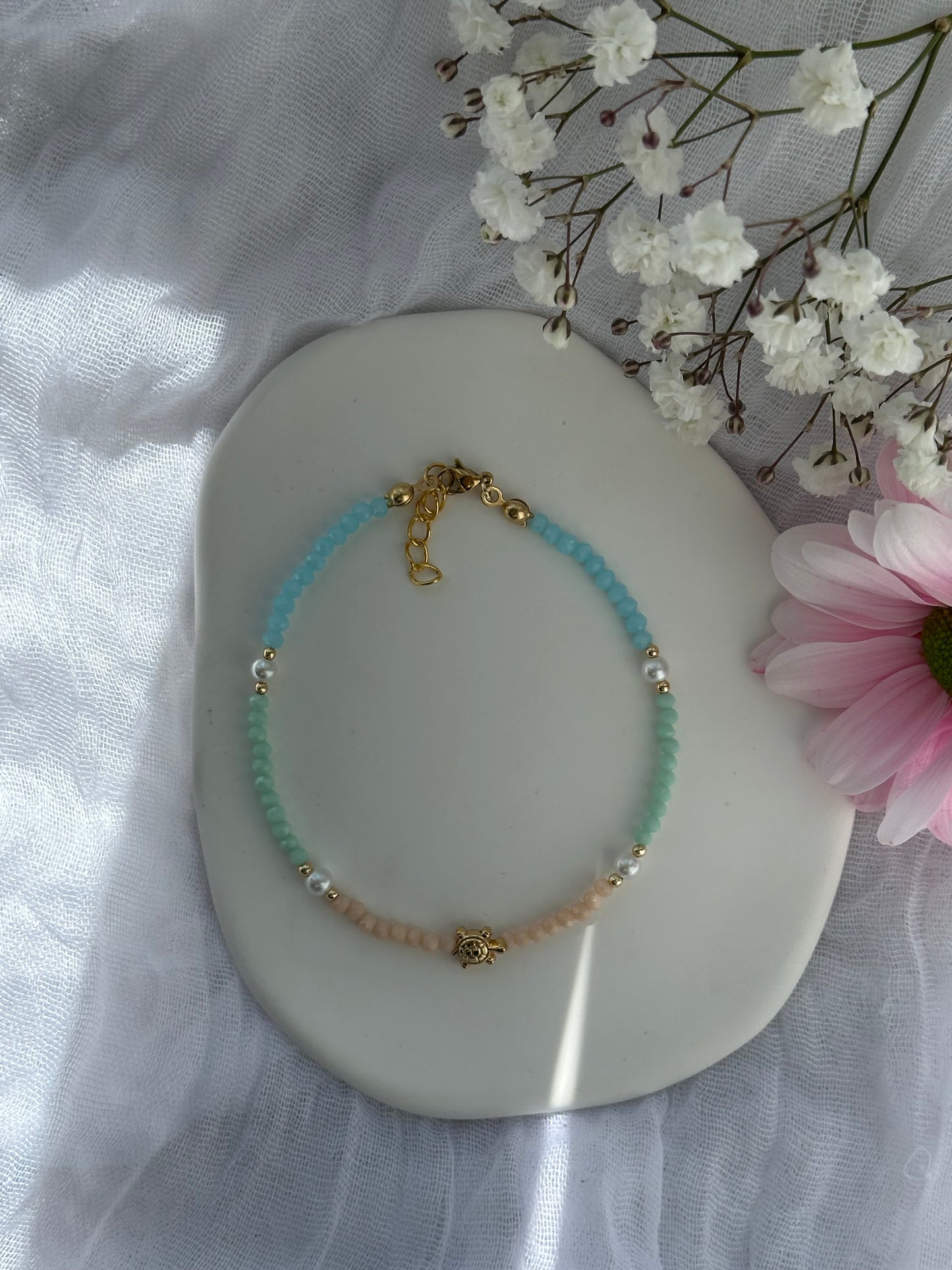 Fußkette mit Bunten Kristallperlen + Schildkröten Anhänger - 10692